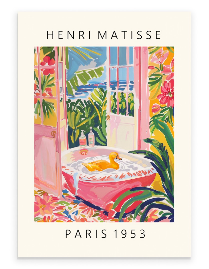 Framed art print of a yellow duck in a bathtub, with tropical plants and ocean view – Matisse-inspired