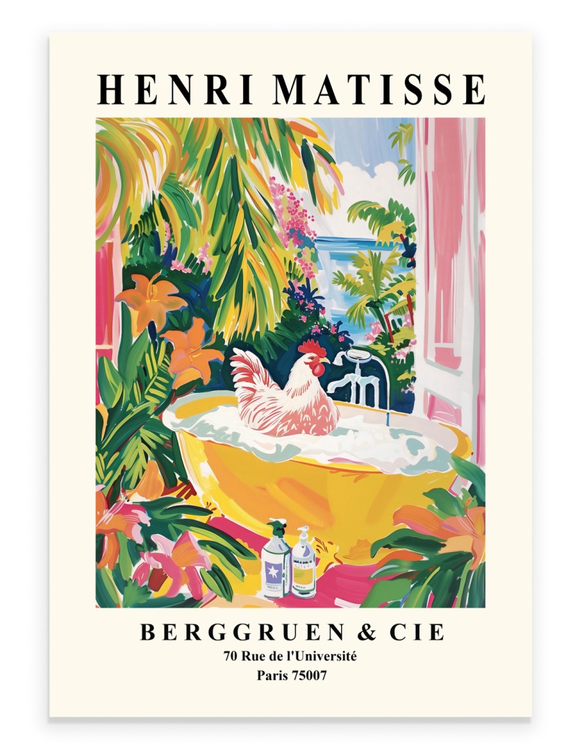 Playful chicken bathing scene in Henri Matisse inspired style with bold strokes, tropical leaves, and seaside charm - decorative bathroom print