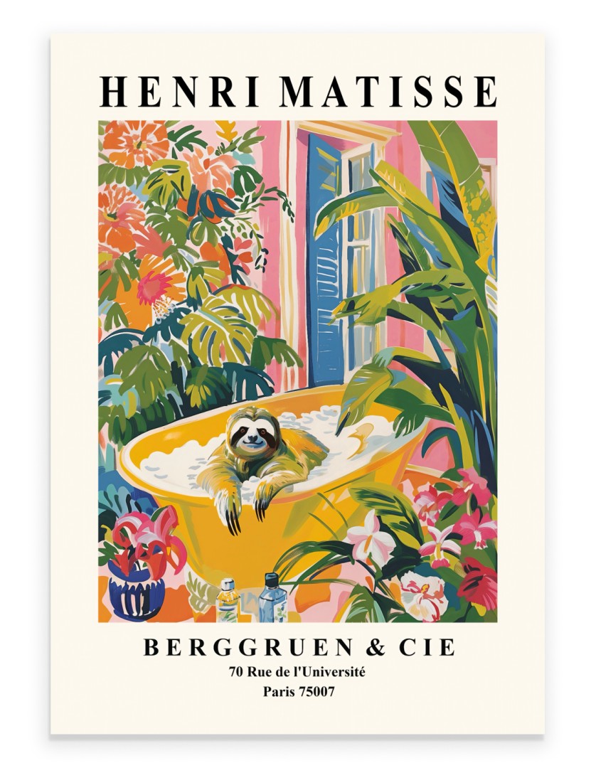 Sloth enjoying a bubbly soak in a bright yellow tub painted in Henri Matisse inspired tropical style - fun and colorful bathroom wall print for home decor