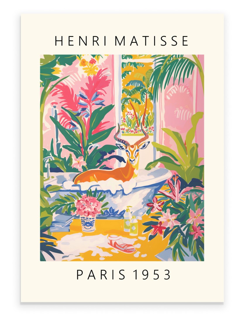Antelope enjoying a bubble bath surrounded by vivid plants and blossoms painted in Henri Matisse inspired style - vibrant bathroom print for wall decor