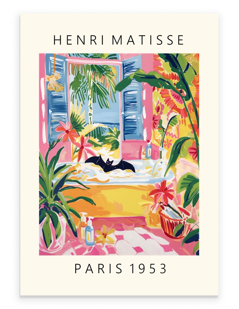 Bat relaxing in a bubbly yellow tub surrounded by plants and open window painted in Henri Matisse inspired style - colorful bathroom print for wall decor