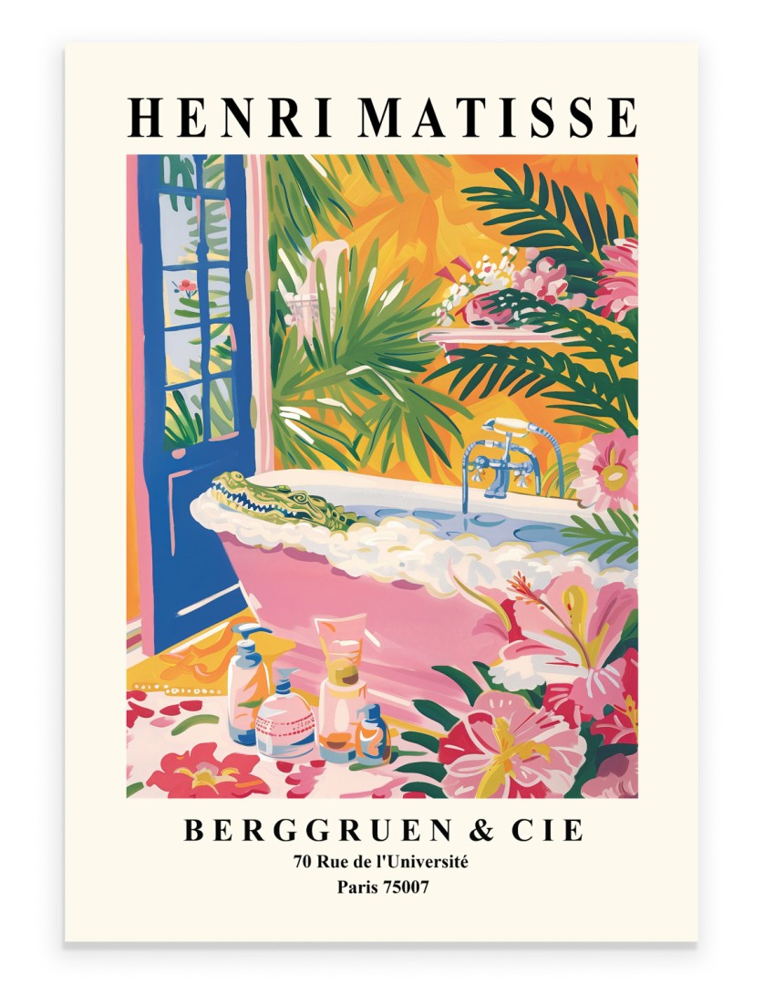 Alligator enjoying a bubbly soak surrounded by vibrant plants and open window painted in Henri Matisse inspired style - colorful bathroom print for wall decor