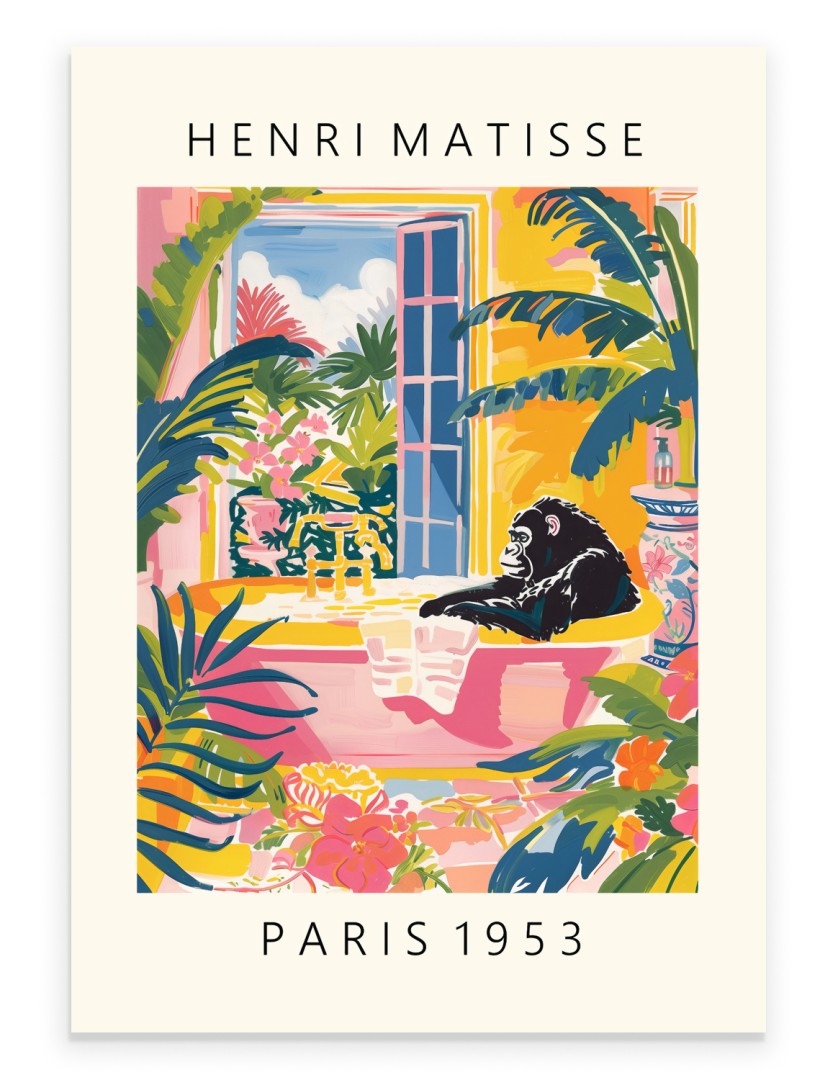 Tropical gorilla bath art print with colorful plants and garden view – framed wall decor in Matisse style