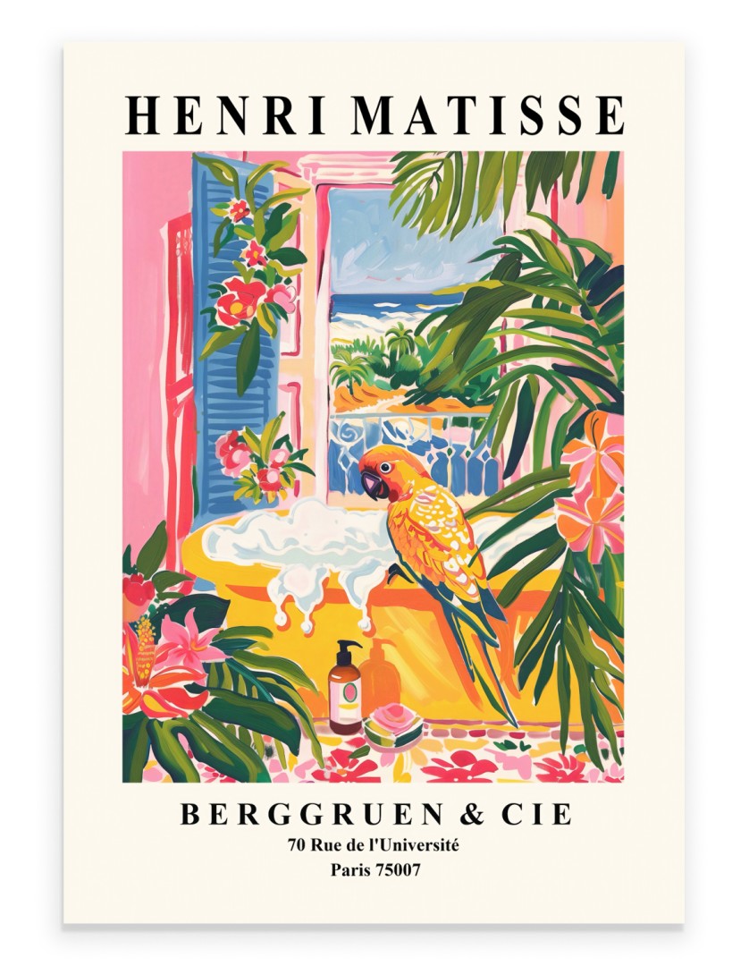 Henri Matisse inspired art print of a vibrant parrot on the edge of a yellow bathtub with tropical plants and ocean view.