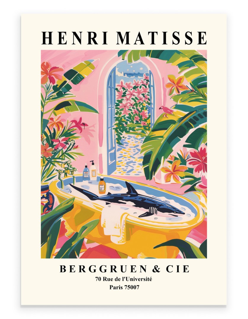 Henri Matisse style art print of a shark relaxing in a golden bathtub surrounded by tropical plants.