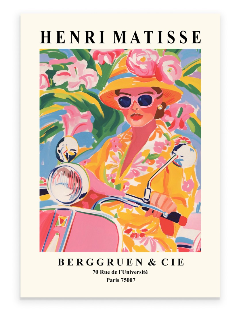 Matisse inspired art print of a woman riding a Vespa in colorful style