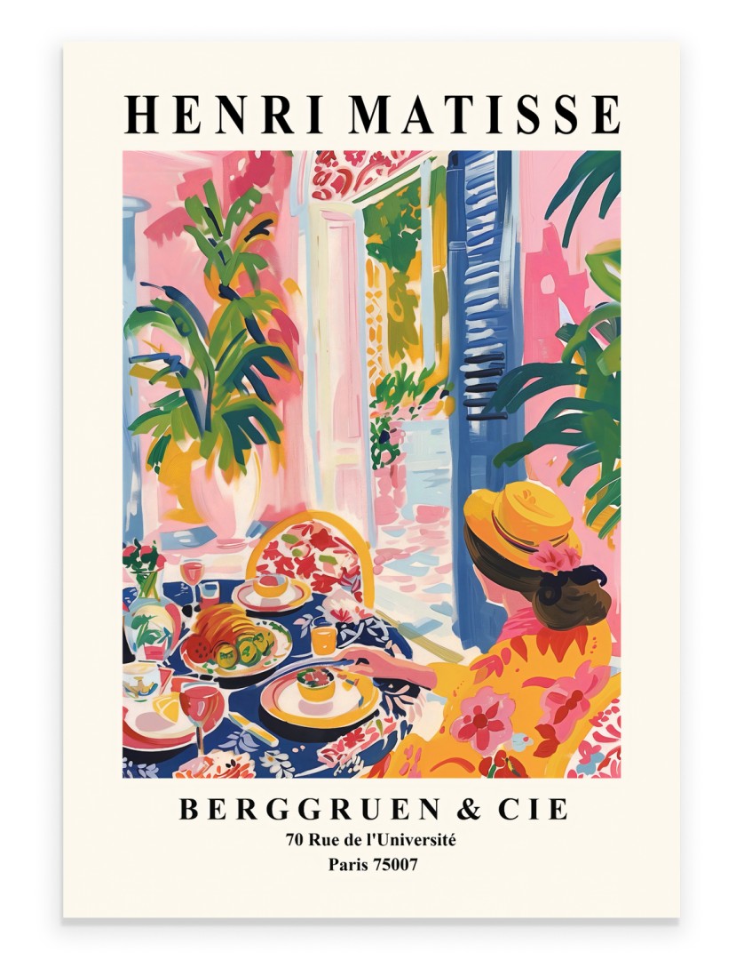 Matisse-style art print of a woman dining in a Mediterranean restaurant.