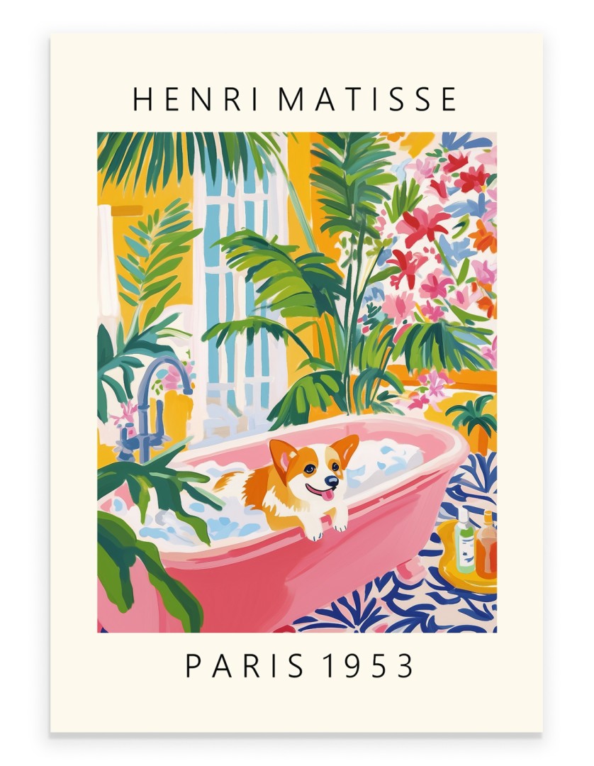 Matisse style corgi bathroom wall art with tropical plants and pink bathtub.