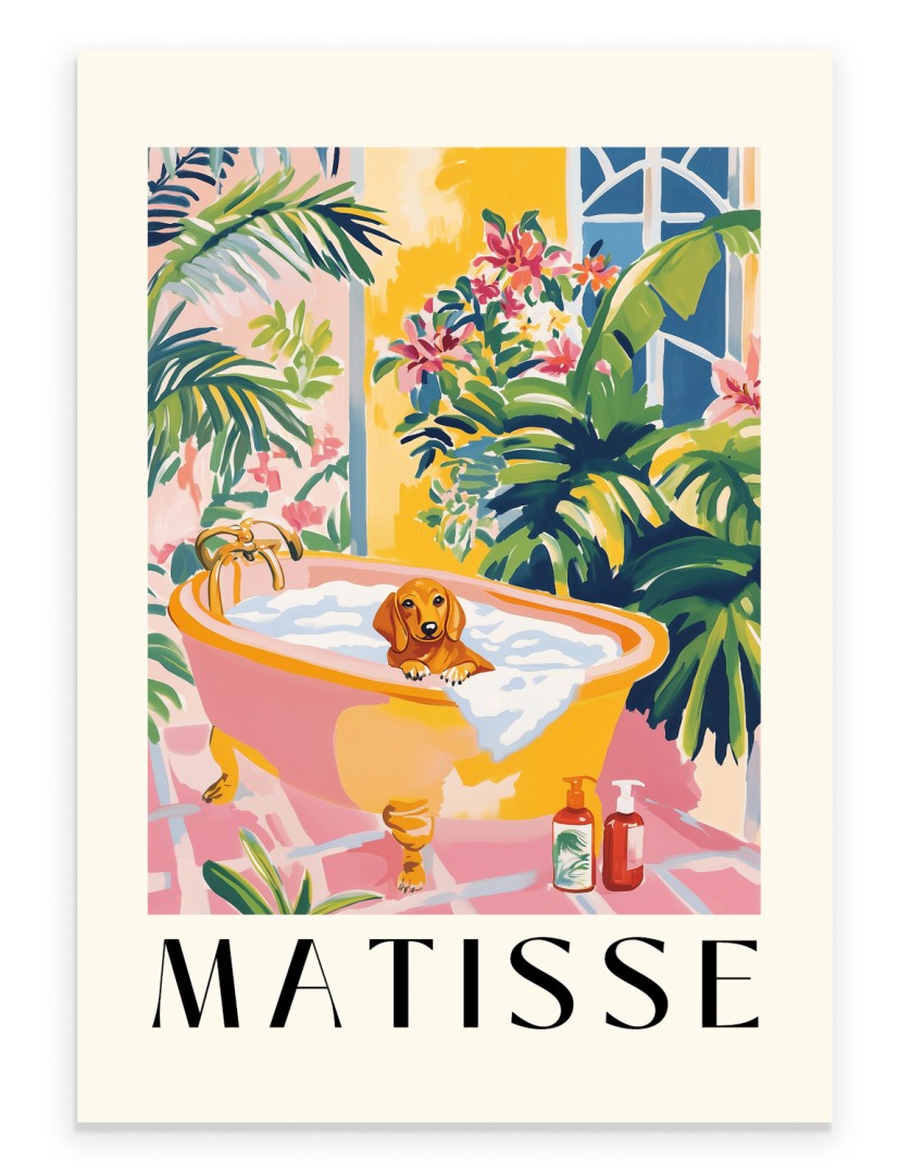 Matisse style dachshund bathroom print with tropical plants and golden tub.