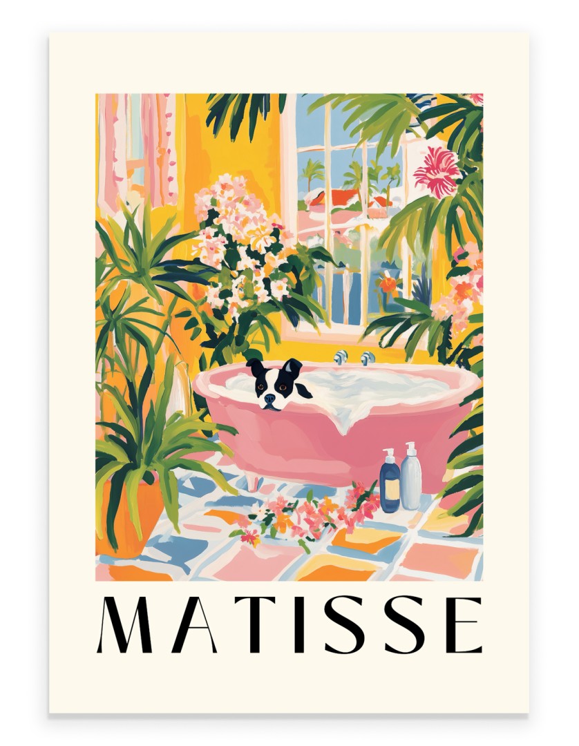 Matisse inspired Boston terrier in pink bathtub with tropical plants and sunny view.