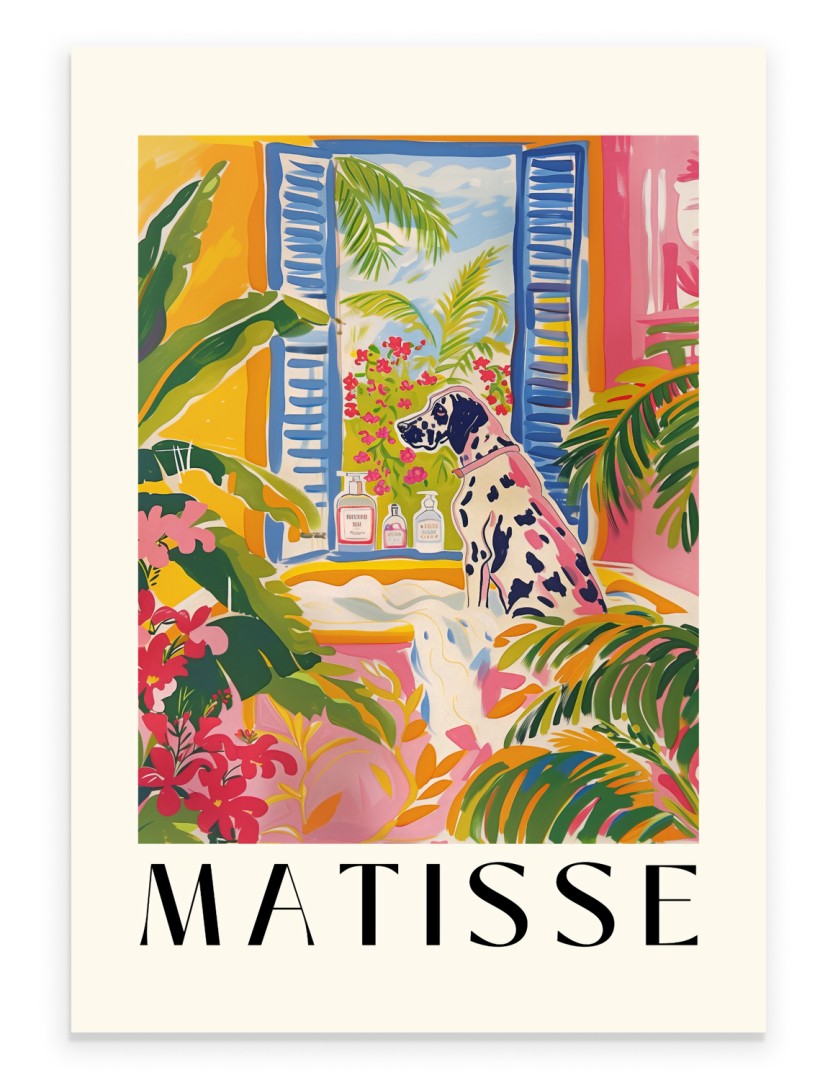 Great Dane looking out a tropical window surrounded by lush plants.