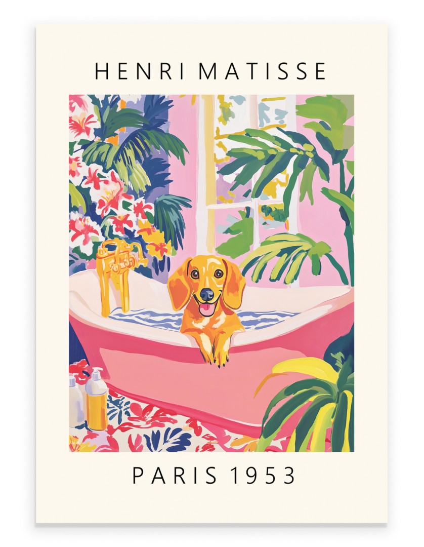 Dachshund in a pink bathtub with tropical plants and flowers in the background.