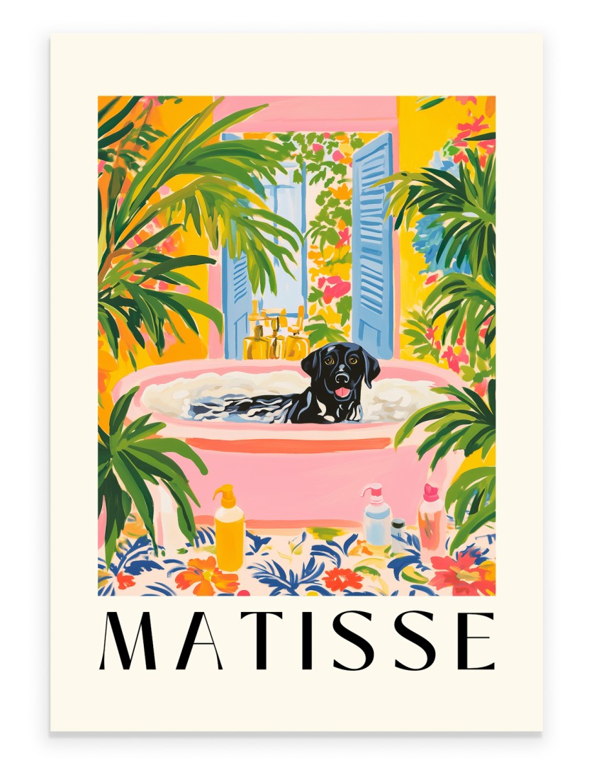 Black Labrador sitting in a pink bathtub surrounded by tropical plants.