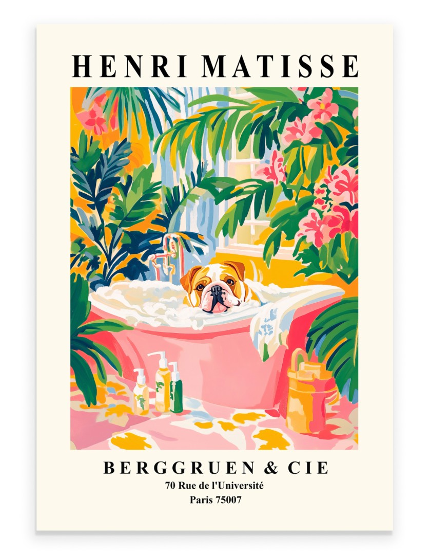 English Bulldog soaking in a pink bathtub with tropical plants.