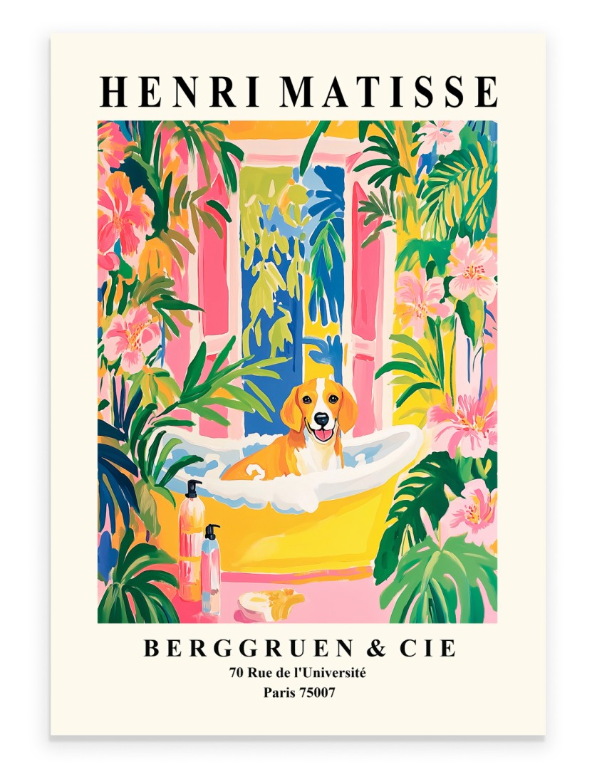 Beagle sitting in a yellow bathtub surrounded by tropical plants.