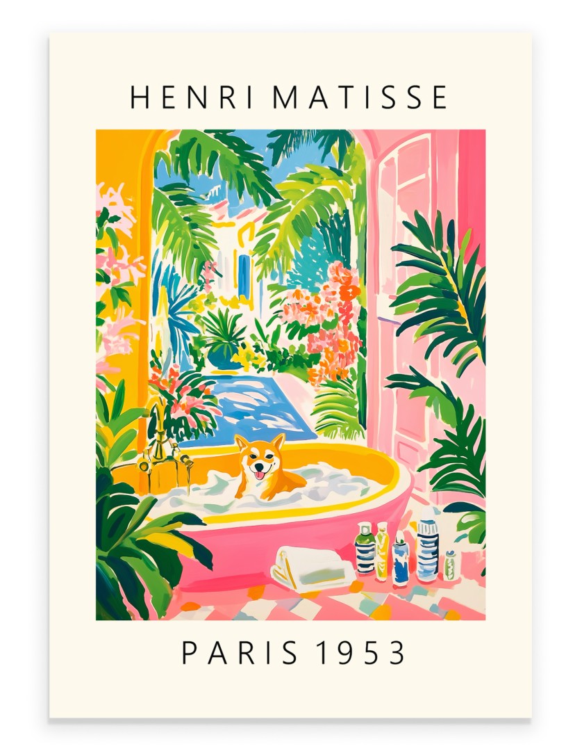 Shiba Inu soaking in a colorful bathtub with tropical greenery.