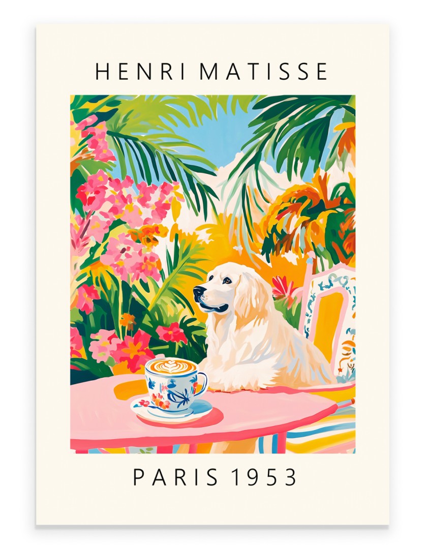 Henri Matisse inspired Great Pyrenees dog art print in colorful café scene
