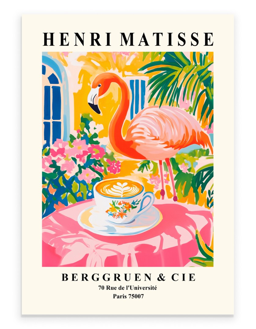 Henri Matisse inspired flamingo art print in colorful café setting