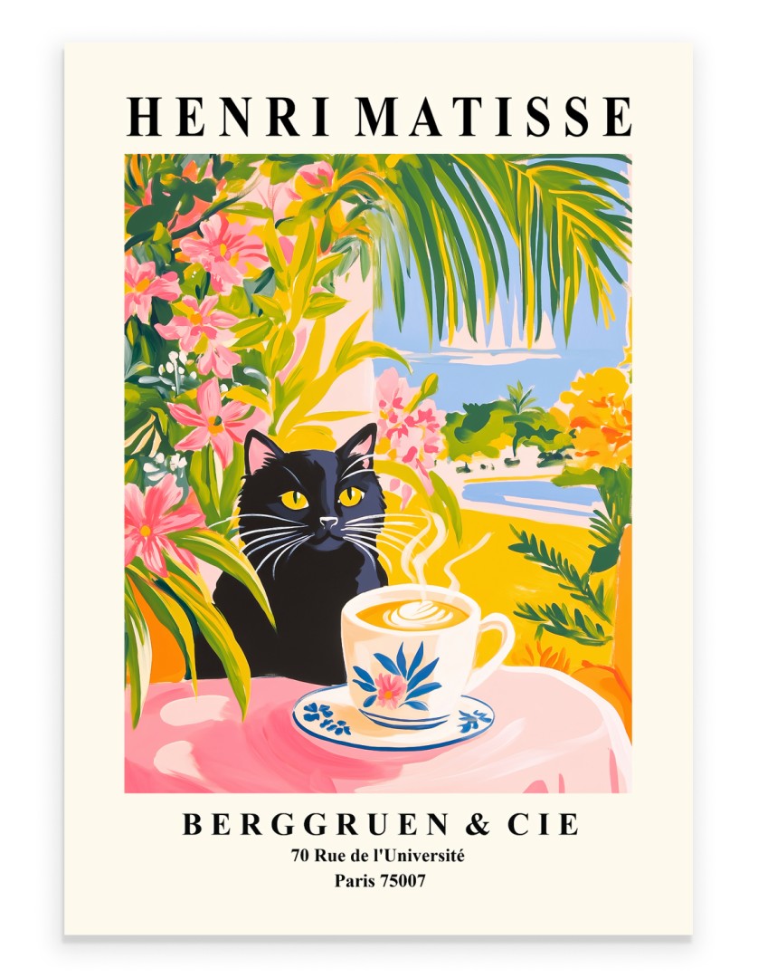 Matisse inspired black cat drinking coffee tropical colorful art print
