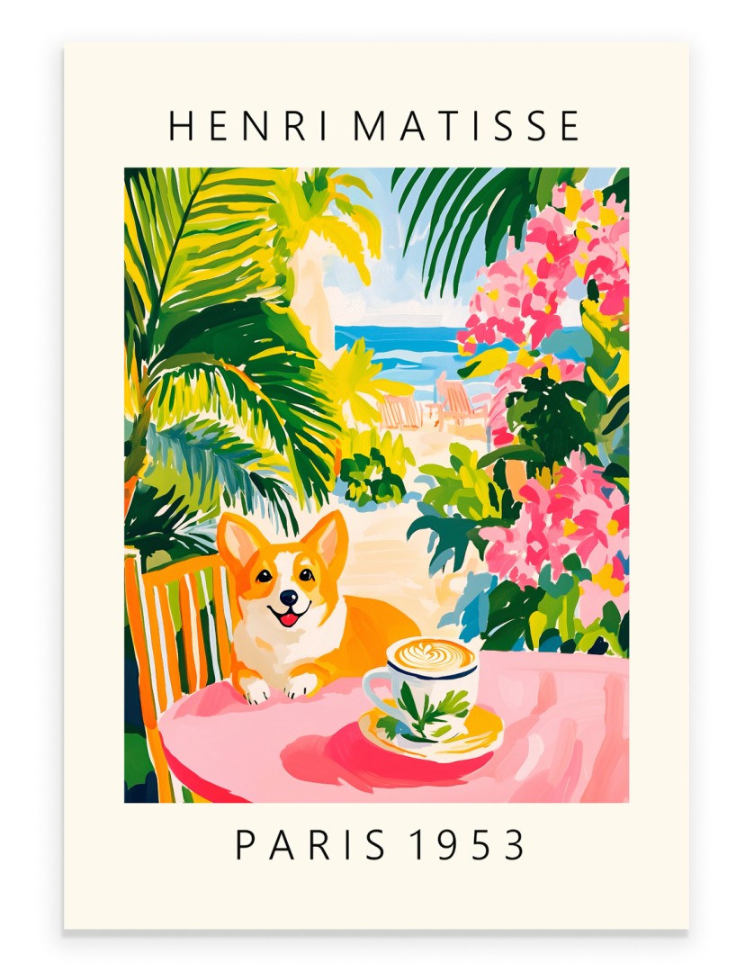 Matisse inspired corgi drinking coffee tropical colorful art print