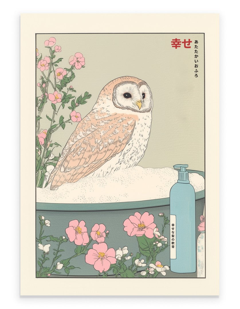 Barn owl soaking in a Japanese floral bath surrounded by soft pink flowers
