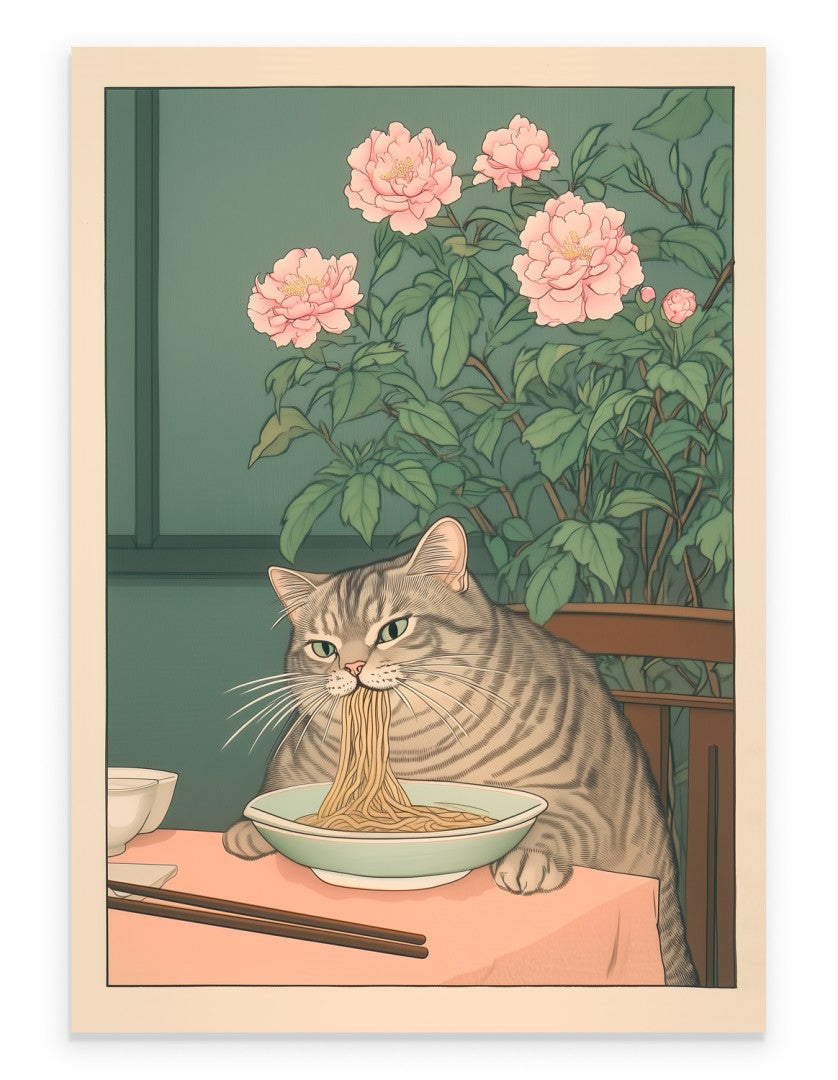 Cat enjoying a bowl of noodles in a Japanese setting with floral touches