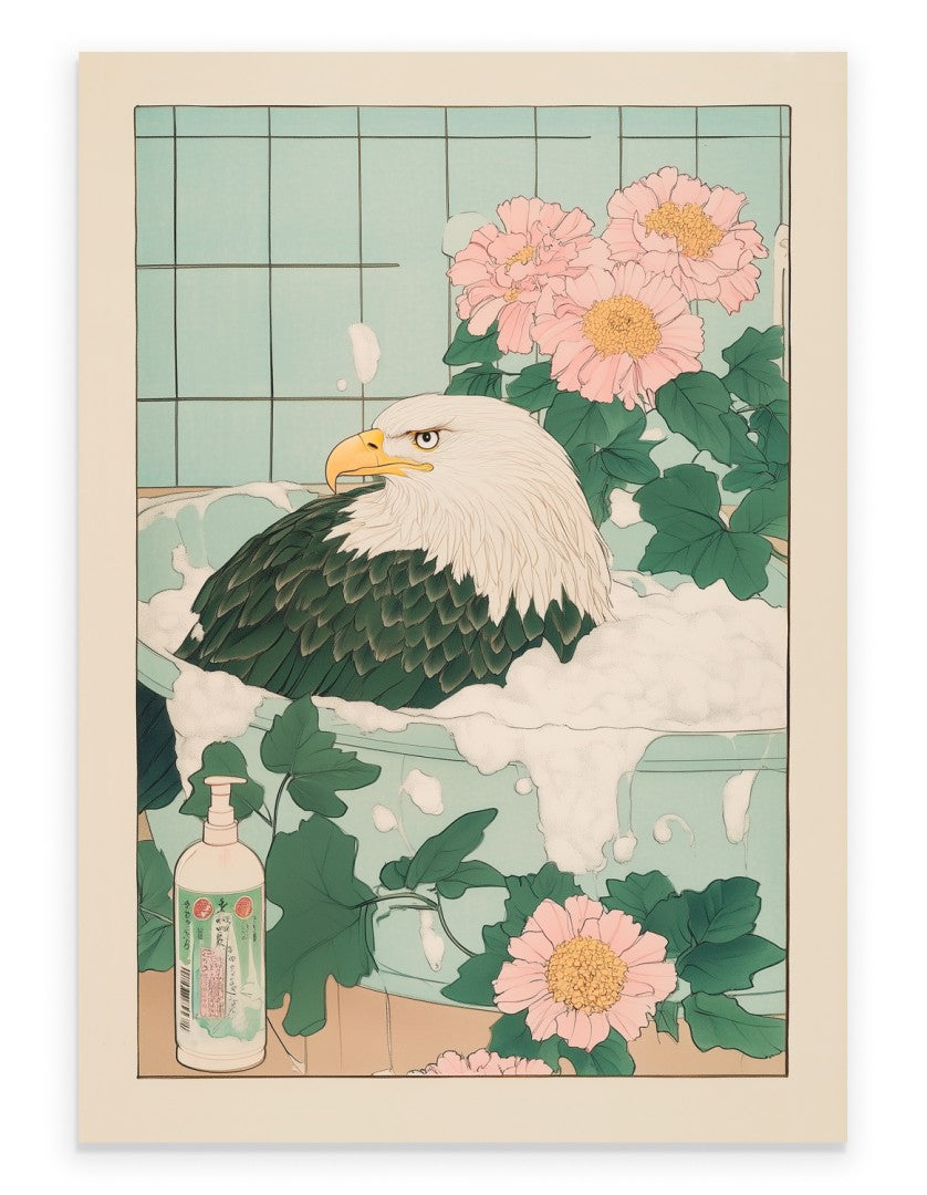 Bald eagle in a flower-filled Japanese bath with soft pastels and botanical elements