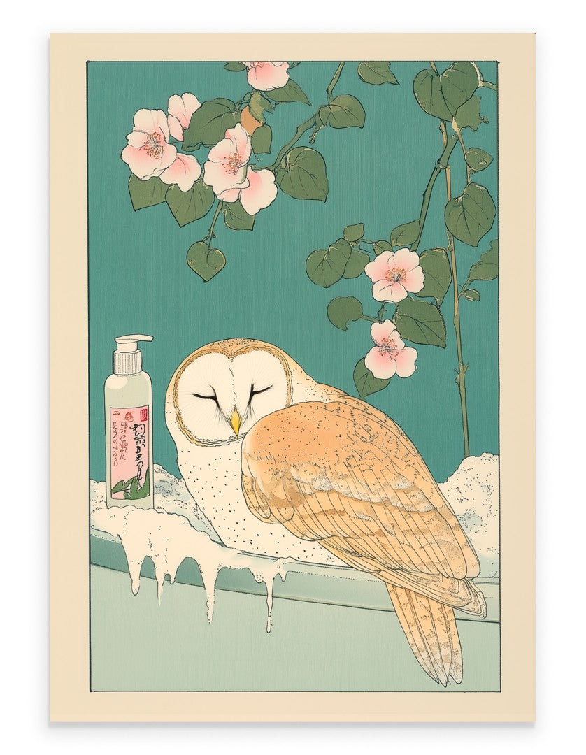 Elegant barn owl resting in a flower-filled Japanese bath with pastel tones