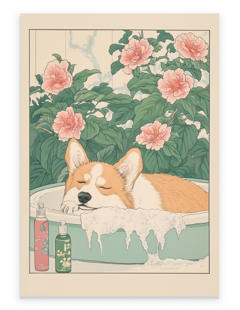 Corgi relaxing in a Japanese floral bath with petals and soft tones