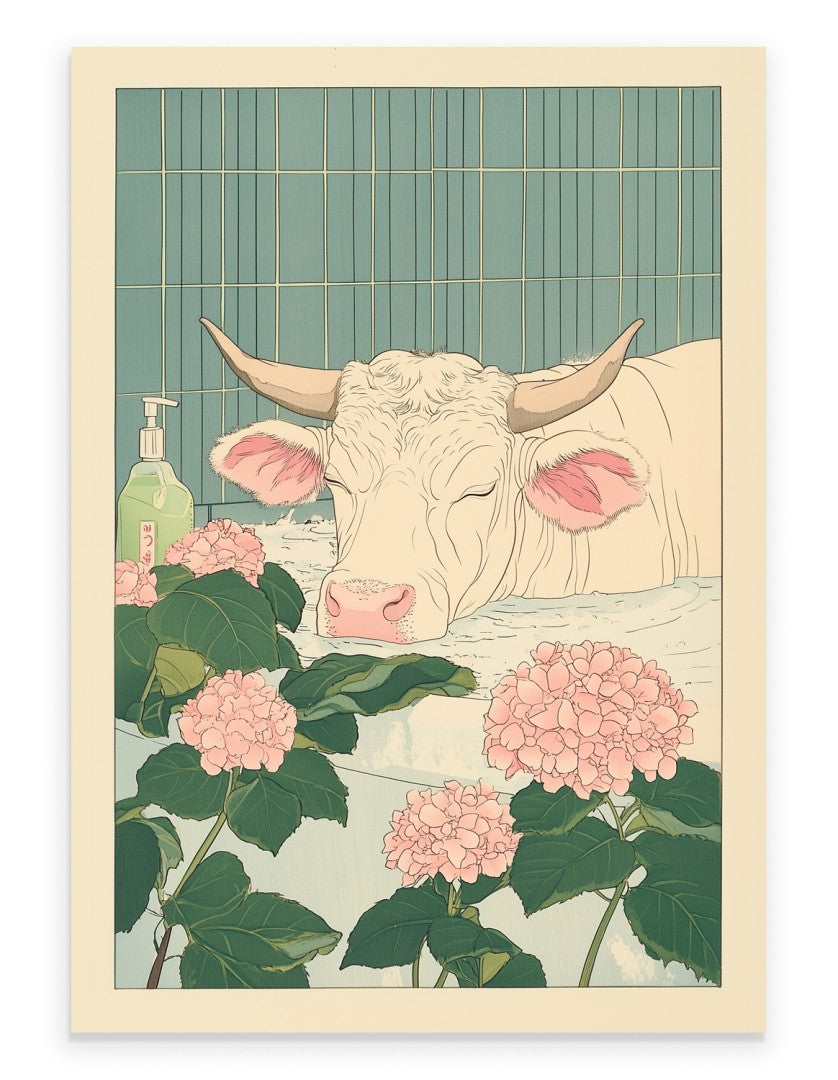 Cow relaxing in a Japanese floral bath with soft petals and muted background