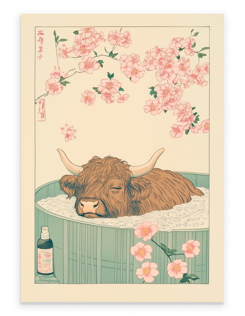 Highland cow resting in a floral Japanese bath with soft petals and warm tones