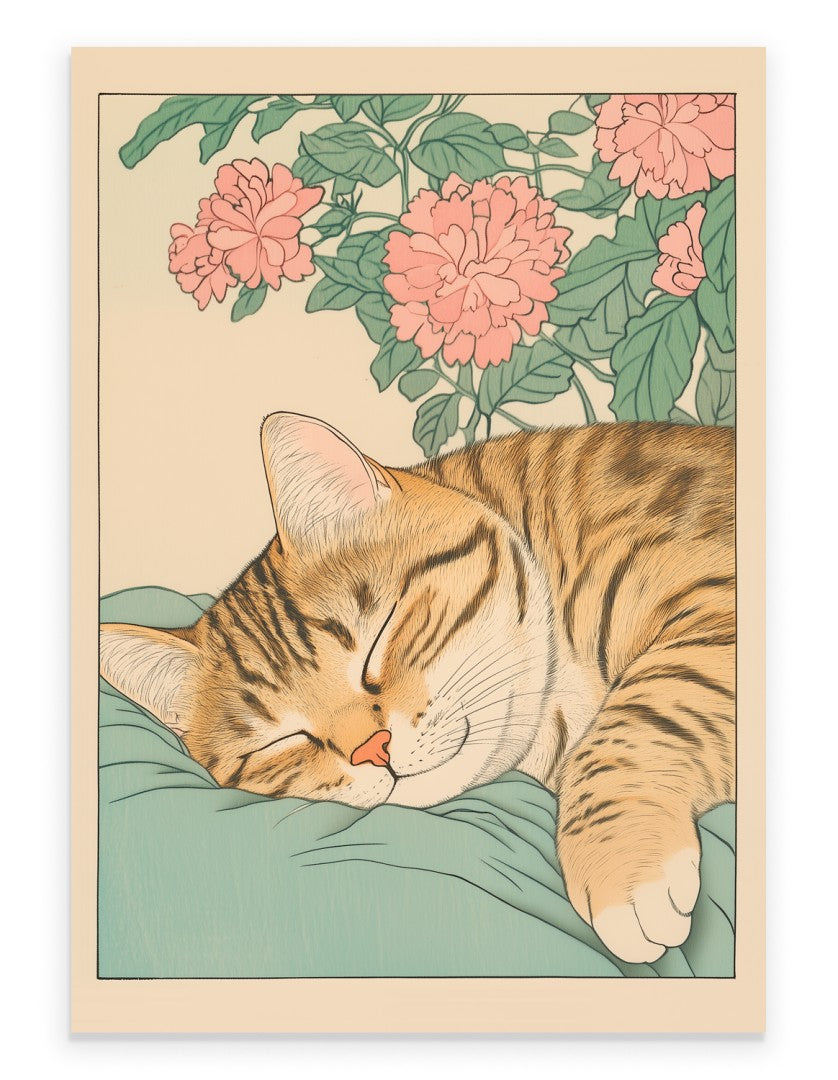Japanese-style art print of a tabby cat peacefully sleeping on a blue blanket with pink flowers in the background