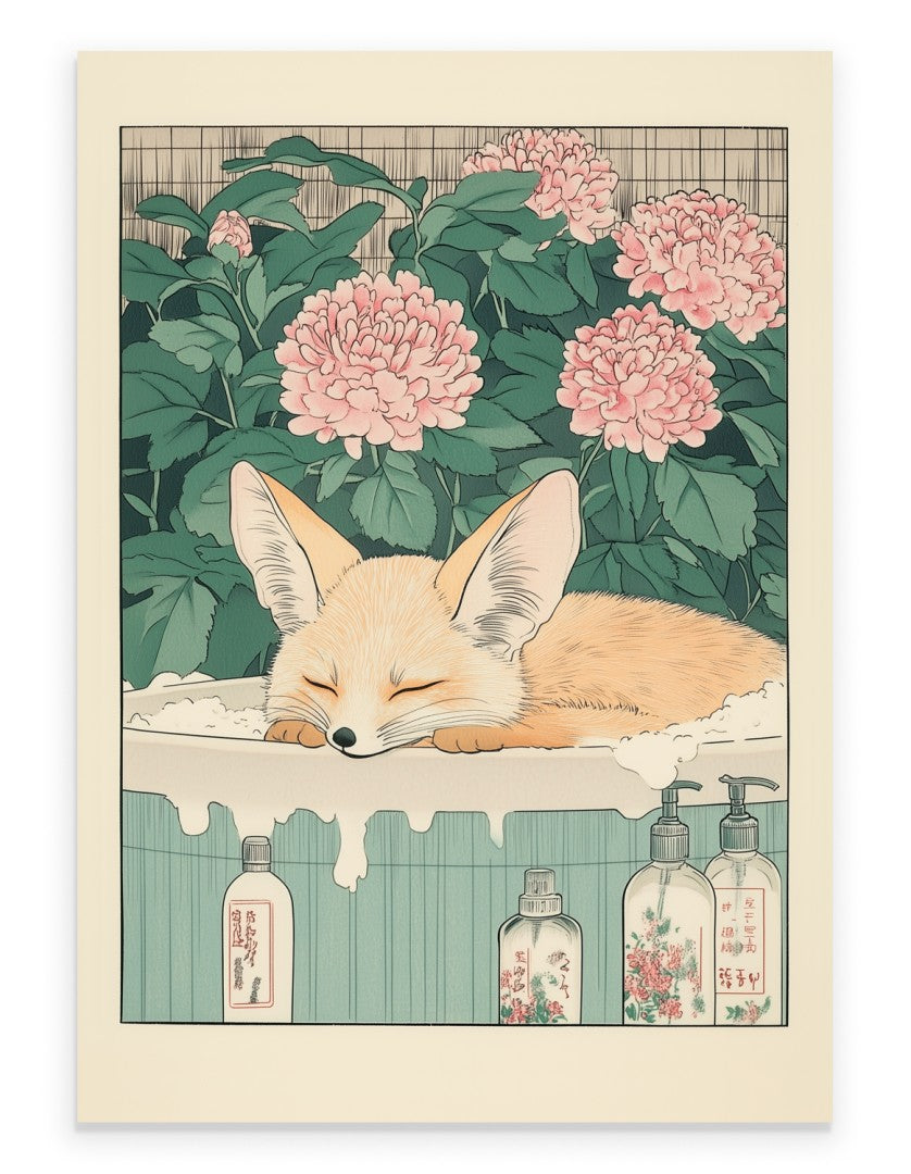 Fennec fox resting in a Japanese-style floral bath with petals and soft color