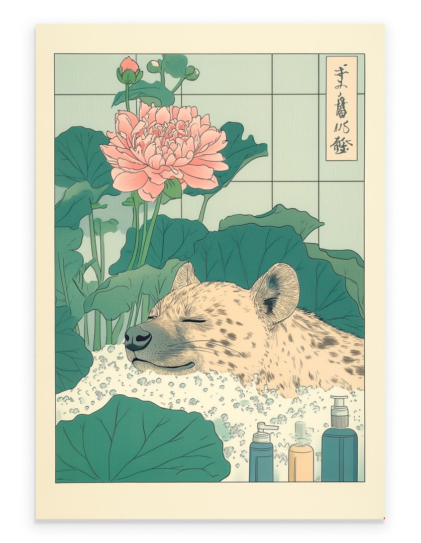 Hyena in a soft floral bath surrounded by pastel petals