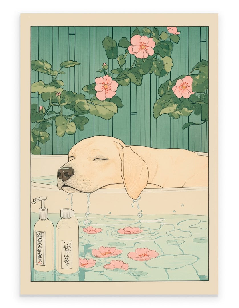 Beige Labrador sitting in a pastel floral bath with soft blossoms