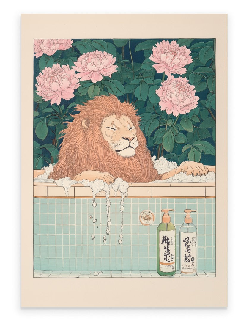 Lion relaxing in a soft floral bath with warm tones and petals