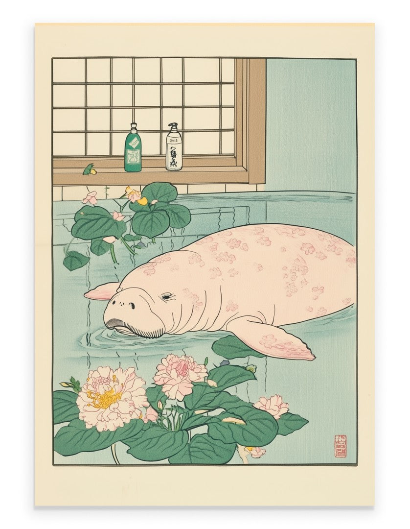 Manatee floating in a soft floral bath with pastel petals