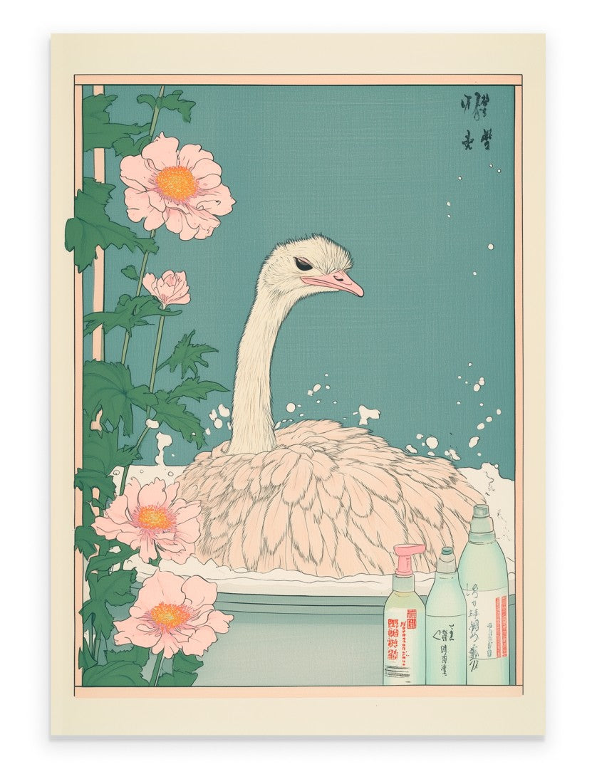 Ostrich soaking in a pastel Japanese bath with floral details and gentle steam