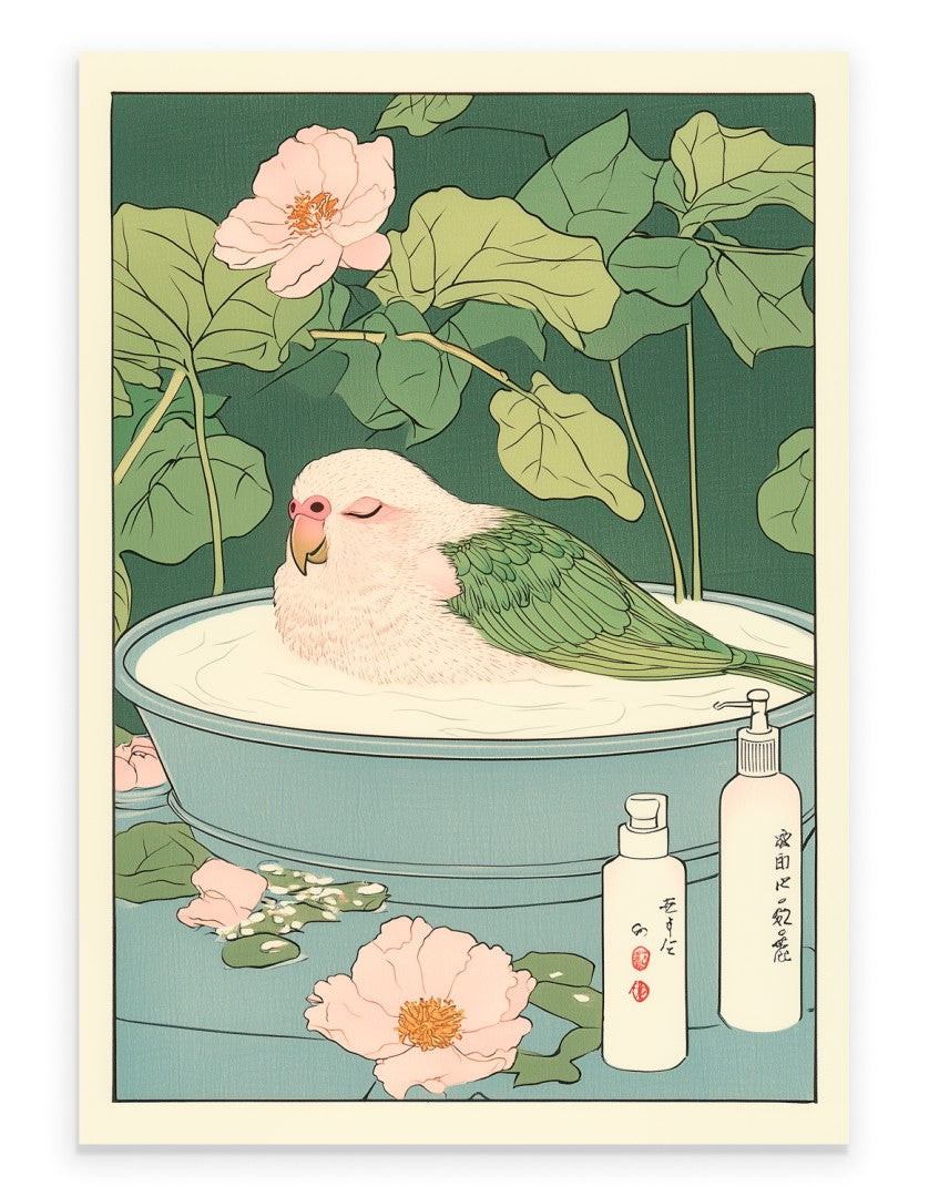 Colorful parakeet in a floral Japanese bath with pastel tones and greenery