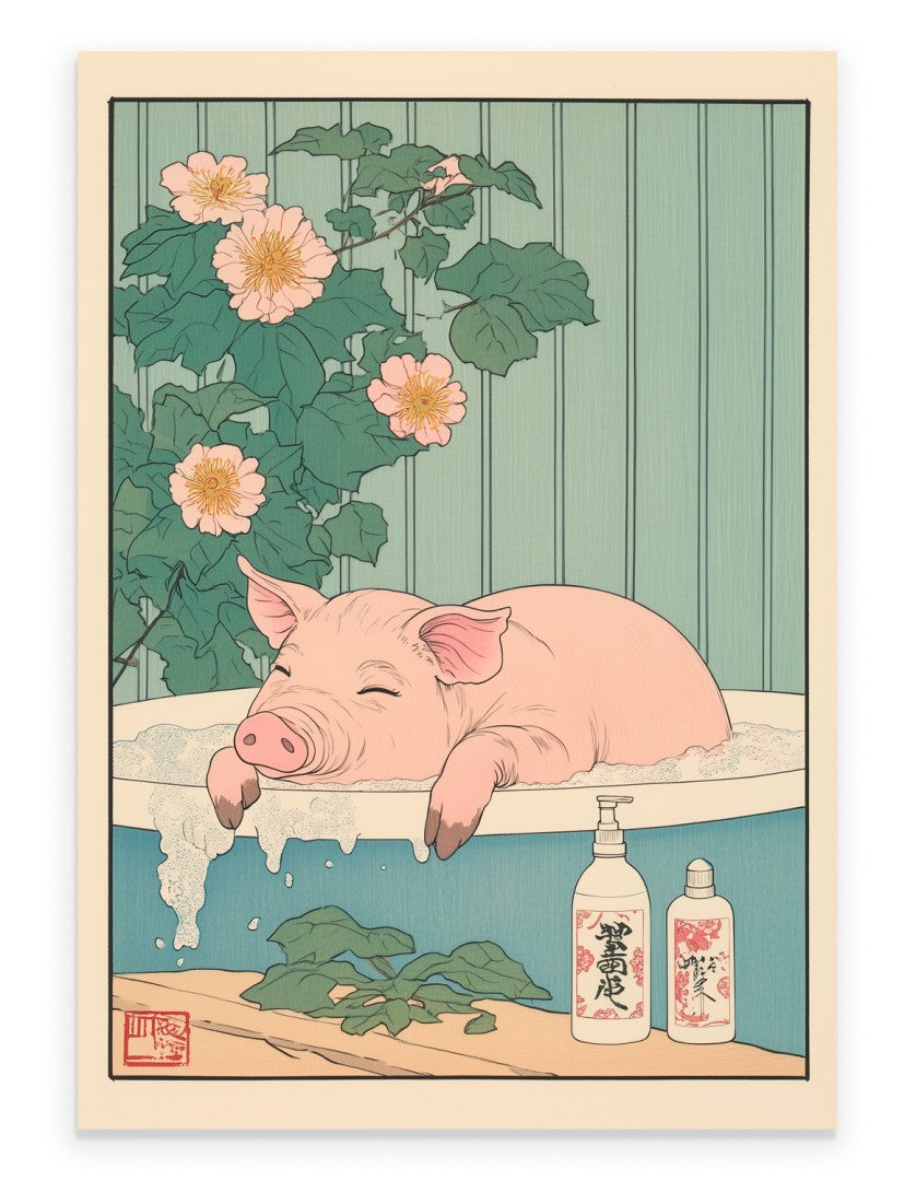 Pig in a pastel floral bath surrounded by soft blossoms