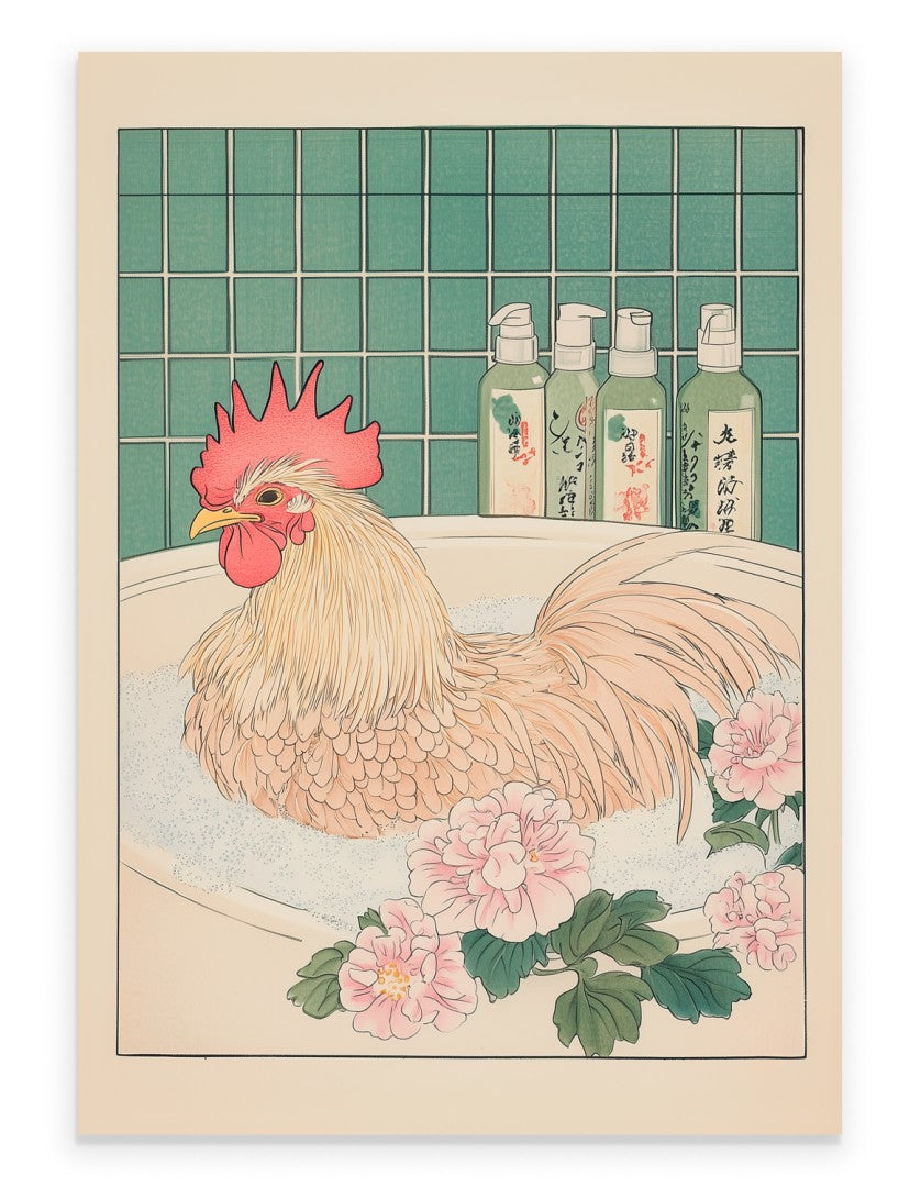Rooster relaxing in a pastel floral Japanese bath with steam and greenery