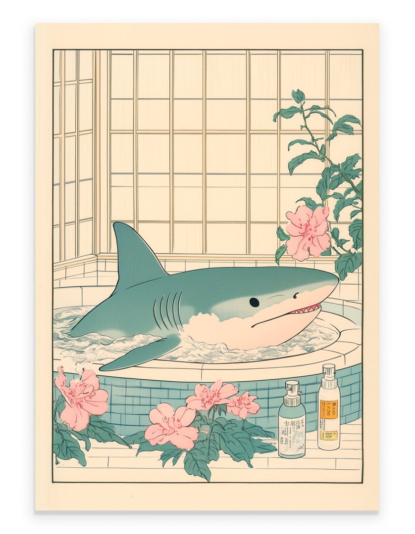 Art print of a smiling shark relaxing in a Japanese-style tub with pink flowers