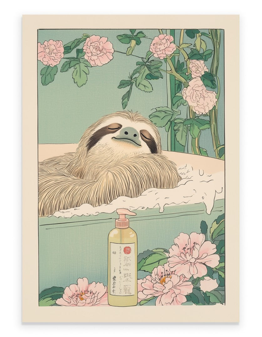 Art print of a sloth relaxing in a bubble bath with flowers