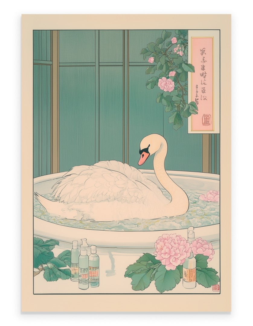 Swan resting in a floral Japanese bath with pastel petals and soft greenery