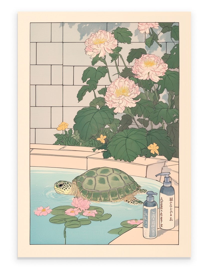 Japanese turtle bath art with flowers and lily pads