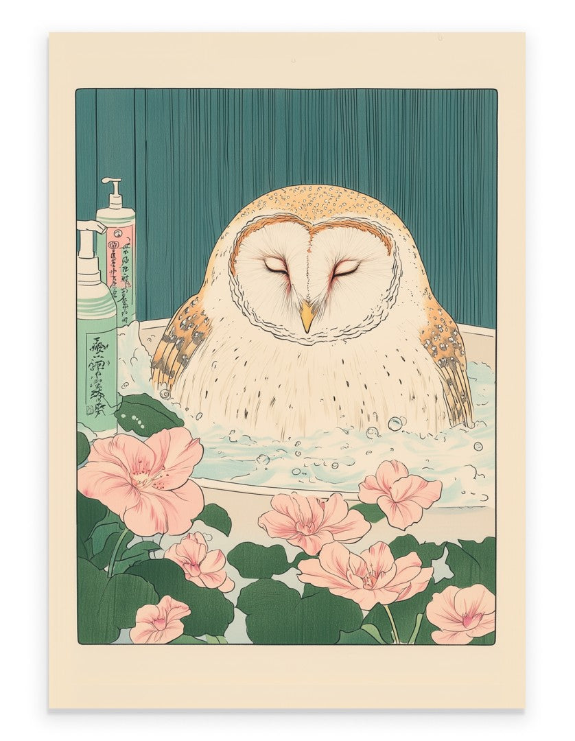 Barn owl soaking in a Japanese floral bath surrounded by steam and soft petals