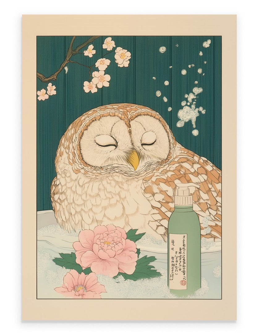 Barred owl soaking in a Japanese floral bath with leaves, petals, and soft steam