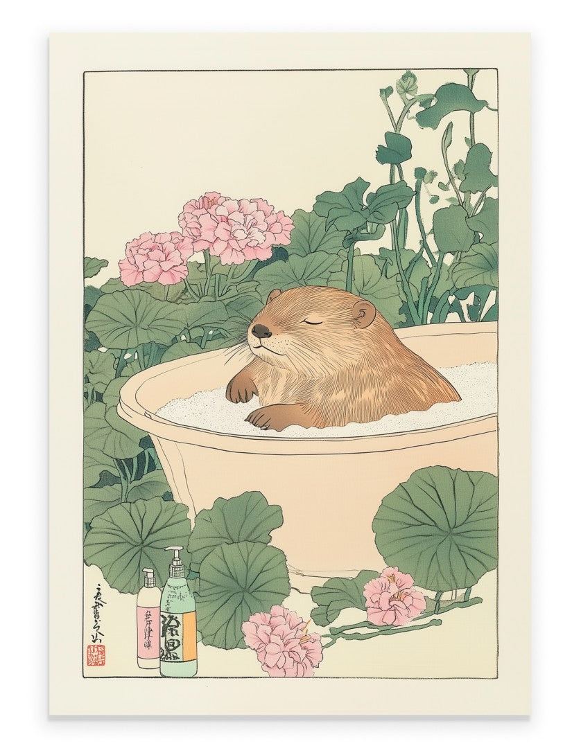 Japanese-style art print of a beaver relaxing in a flower-framed bath