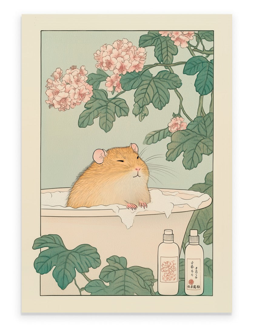 Art print of a hamster sitting in a foamy bath surrounded by flowers