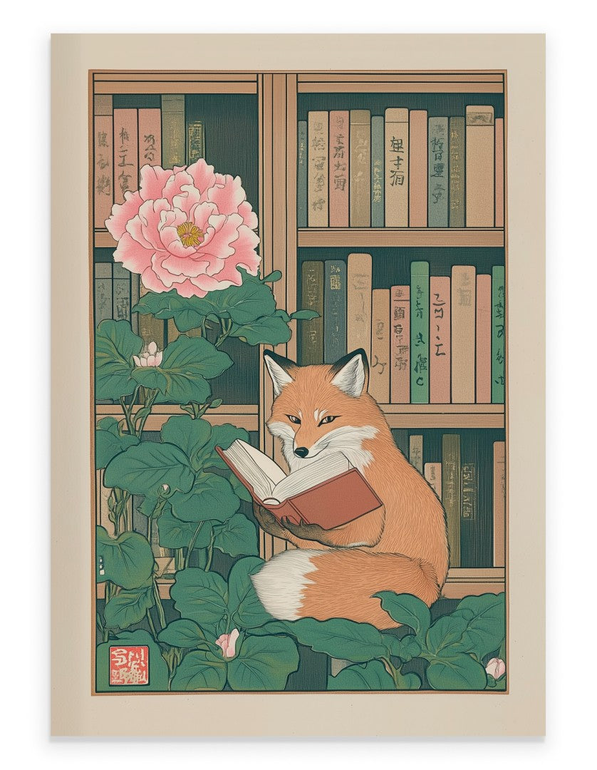 Japanese-style art print of a fox reading a book in front of a bookshelf with flowers